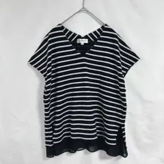 【ミッシェルクラン】シフォンレイヤード風ボーダー柄半袖カットソー(38)Vネック