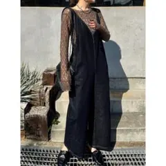 【オールシーズン】Vネック サイドオープン デニムサロペット コットン 綿 Ｌ