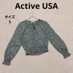 Active USA 花柄長袖ブラウス 青緑色 S カジュアル エレガント個性的