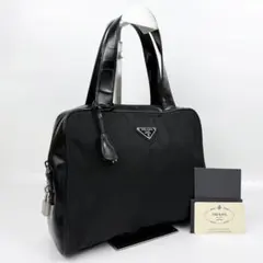 【Gカード付き/美品】プラダ 南京錠 鍵付き ハンドバッグ ナイロン レザー 黒