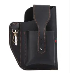 黒 2台収納ベルトポーチメンズ 革 スマホ ベルトケースレザー2台収納