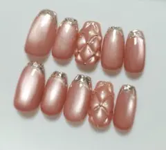 現品☆赤みピンクマグネット　ガラスフレンチ＆キルティング　ネイルチップ