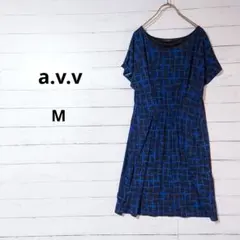 【美品】アーヴェヴェ　格子柄　膝上丈ワンピース　M　半袖　ウエストシャーリング