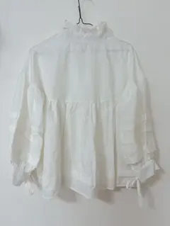 チュニック　ブラウス　長袖　トップス　リボン　レディース　ホワイト　バルーン　M