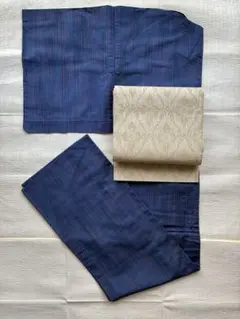 一部しつけ糸つき【難あり】単衣　単　紬の着物　正絹　青と紫の縞模様　藍色　群青