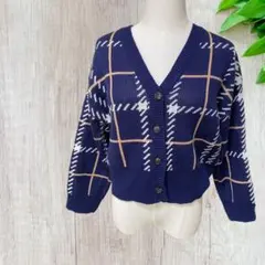 カーディガン　レディース　かわいい　ネイビー　ショート丈