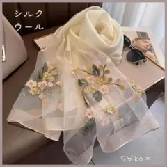 新品♦シルクウール大判ショール 桜 ホワイト マフラー 日焼け 防寒 結婚式 ⓖ