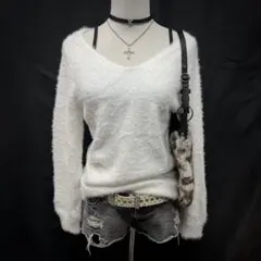 平成ギャル　y2k グランジ　Vネックニット　シャギー　オフショル 姫ギャル