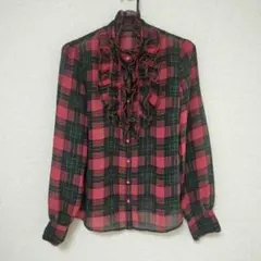 フリル付き チェック 長袖シフォンブラウス