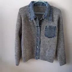 ニット・デニムカーディガン 長袖 グレー