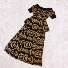 総柄 オフショル ロング フレア スカート セットアップ ワンピース 金ボタン