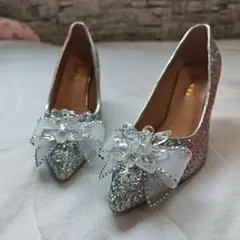 シルバーグリッターリボン付きハイヒール 23cm