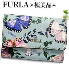 極美品✨希少✨️フルラ コンパクト ウォレット バタフライ柄 蝶 フラワー 水色