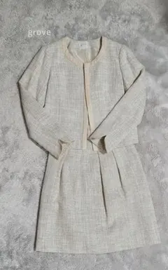 grove ベージュ ツイード ノーカラージャケット レディース