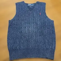 18350 美品 ポロバイラルフローレン シルク100%ケーブルニットベスト青L