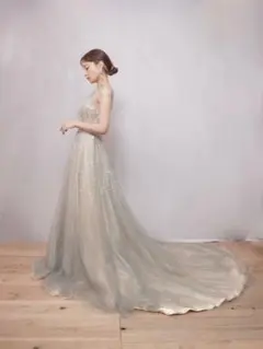 韓国風パーティドレス　カラードレス　カーキ　グレー