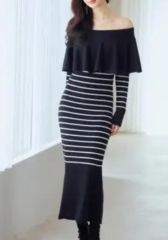 セゾンドパピヨン オフショルダー ストライプ ニットワンピース ボーダー