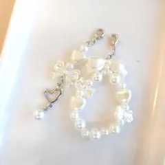 【No.101】たまごっち ビーズチャーム ストラップ ホワイトリボン パール調