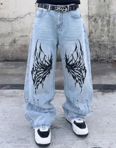 ワイドデニムパンツ トライバル柄 ダメージ加工 - メルカリ