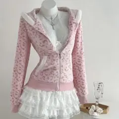 ピンク ヒョウ柄 フリースパーカー　L　姫ギャル