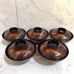 吸物椀 汁椀 5客セット 和食器 蓋付椀 漆器　赤茶色と金色の装飾　木製　竹柄
