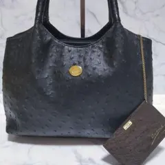極美品 Le fait オーストリッチ 型押し ハンドバッグ 3室 ブラック