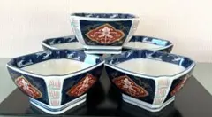 〈美品〉有田焼 金彩 青色装飾 八角 小鉢5個セット