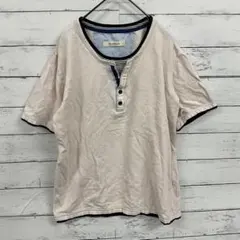 confilm✨ Tシャツ【L】ヘンリーネック　ボーダー　半袖　ピンク