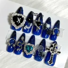 ブルー ブラック ラメ 地雷系 ネイルチップ サブカル 現品販売 ゴテゴテ