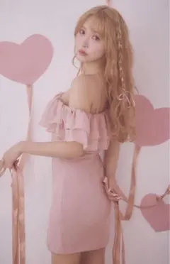 Jewels ビジューキャミソールオフショルシフォンミニ ドレスピンク