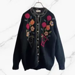 80sニットカーディガンセーター3D立体花柄刺繍レトロ黒ブラックヴィンテージ古着