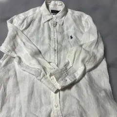 ラルフローレン (S) 刺繍ロゴ リネン100% 長袖 シャツ 白