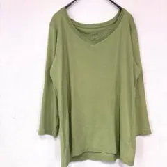 Tシャツ カットソー　Ｖネック　黄緑　海外古着　シンプル　無地　【M】