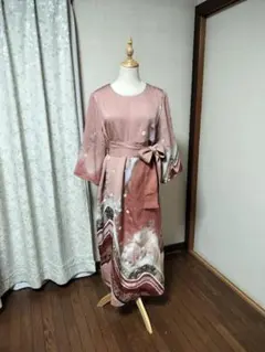 着物リメイク　作家物　吉祥花文　ロングワンピース　七分袖