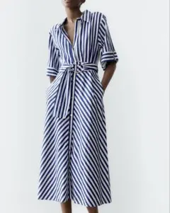 新品 ZARA ザラ ストライプ リネンブレンドワンピース Sサイズ