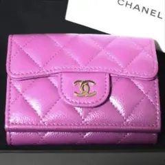 CHANEL パープル　キルティング 三つ折り　財布　キャビアスキン　ピンク