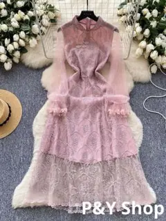 春夏コーデ❤️レディース　スタンドカラー　長袖　レース可愛い　ロング丈ワンピース