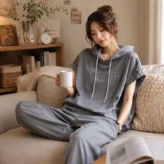 セットアップ スウェット ルームウェア グレー ゆったり 楽ちん ジム ヨガのサムネイル