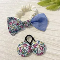 お買い得♡お揃い　シュシュ付リバティ　シングルリボン　くるみボタン 3個セット