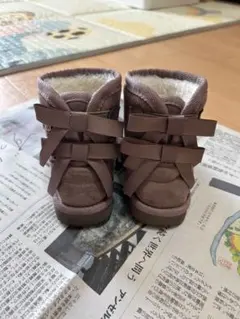 プティマイン　ブラウン キッズブーツ　リボンムートンブーツ　モカ茶　14