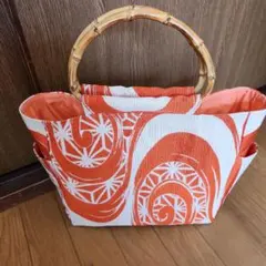 ハンドメイド帯オレンジと白の幾何学模様トートバッグ(サイドポケット付き)