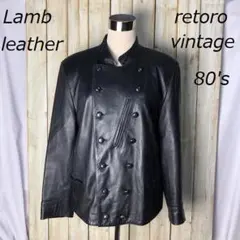 レトロ古着 80s ラムレザー バンドカラーダブルジャケット 黒 本革 オールド