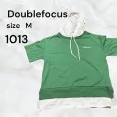 Doublefocus 半袖レイヤードパーカー グリーン Mフード付き　重ね着風のサムネイル