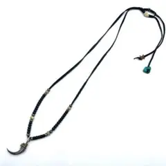 ネイティブロングネックレス　ターコイズ　革紐　インディアンジュエリー　ナバホ　角