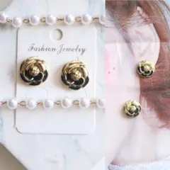 ハンドメイド ゴールド カメリア フラワー ピアス 可愛シャネルストーン追加可能