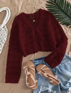 レース編み バーガンディ カーディガン