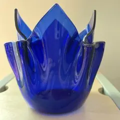 青色ガラス 花びら型花器