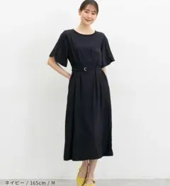 【Honeys】ベルト付き チューリップ袖ワンピース ネイビーのサムネイル