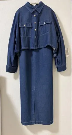 デニム ノースリーブ ひざ丈ワンピース クロップドジャケット付き