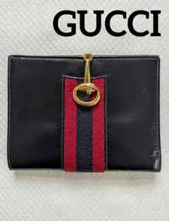 GUCCI シェリーライン オールドグッチ二つ折り財布 ネイビー レザー＊
